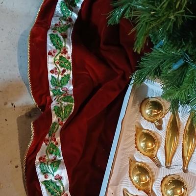 Large faux Christmas tree with skirt, ornaments, greenery, Angel, lights and more !