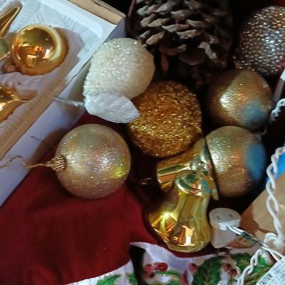 Large faux Christmas tree with skirt, ornaments, greenery, Angel, lights and more !