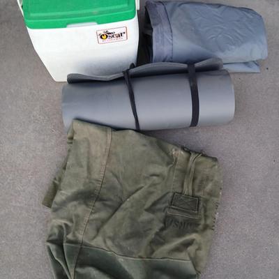 Small cooler - Marines laundry sack - Air mattress with pump and a foam bedroll