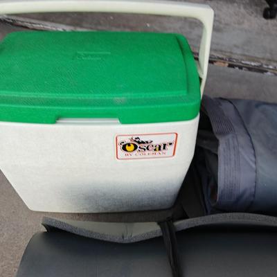 Small cooler - Marines laundry sack - Air mattress with pump and a foam bedroll