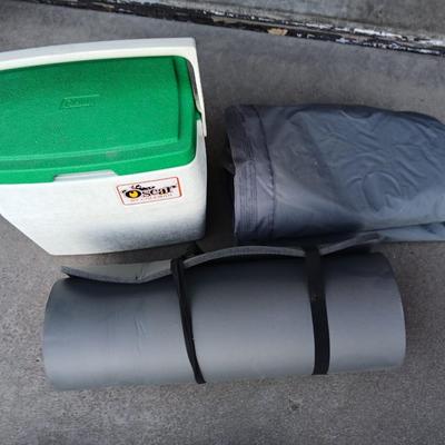 Small cooler - Marines laundry sack - Air mattress with pump and a foam bedroll