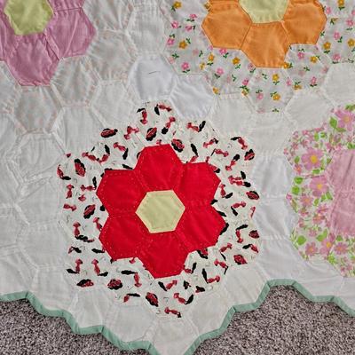 STUNNING Handmade Quilt Large Vintage 30's Flower Garden Mosaic Antique Quilt