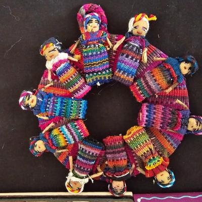 Two Trivets - Earthtones storytelle and Tu-oti art tile with circle of friend's hand sewed dolls