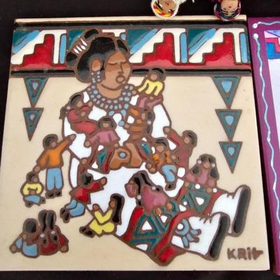 Two Trivets - Earthtones storytelle and Tu-oti art tile with circle of friend's hand sewed dolls