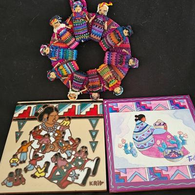 Two Trivets - Earthtones storytelle and Tu-oti art tile with circle of friend's hand sewed dolls