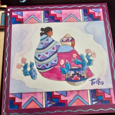 Two Trivets - Earthtones storytelle and Tu-oti art tile with circle of friend's hand sewed dolls