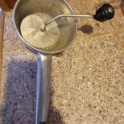 Vintage Aluminum Canning Sieve Colander & wood Pestle with Foley Food Mill