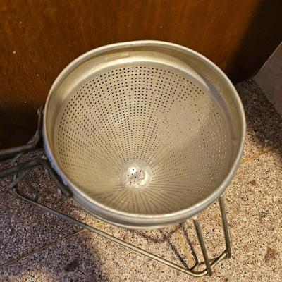 Vintage Aluminum Canning Sieve Colander & wood Pestle with Foley Food Mill