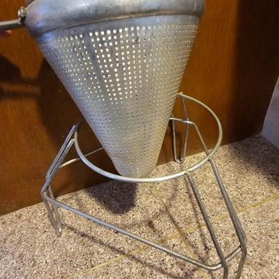 Vintage Aluminum Canning Sieve Colander & wood Pestle with Foley Food Mill