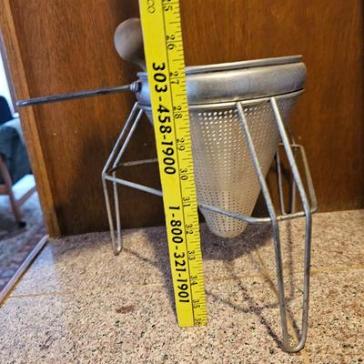 Vintage Aluminum Canning Sieve Colander & wood Pestle with Foley Food Mill