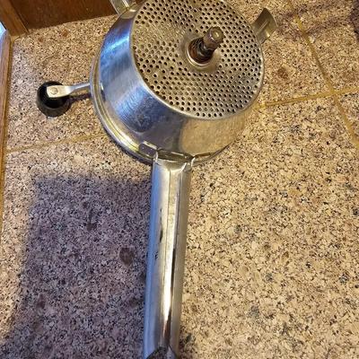 Vintage Aluminum Canning Sieve Colander & wood Pestle with Foley Food Mill