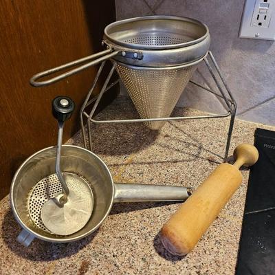 Vintage Aluminum Canning Sieve Colander & wood Pestle with Foley Food Mill