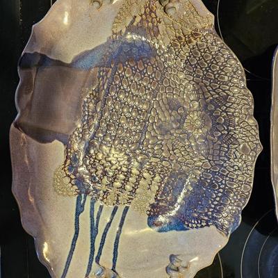 Two Signed clay pottery platter / dishes