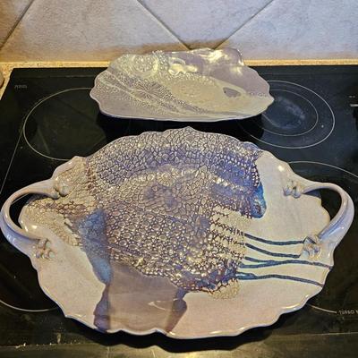 Two Signed clay pottery platter / dishes