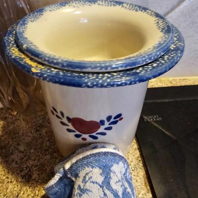 Tea pot with porcelain napkin rings - linens and an assortment of crock like dishware