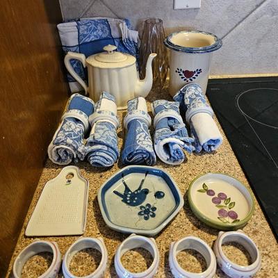 Tea pot with porcelain napkin rings - linens and an assortment of crock like dishware