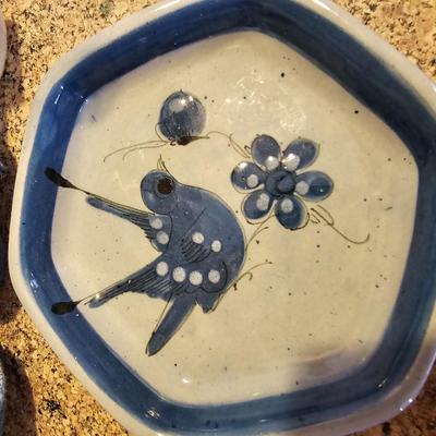 Tea pot with porcelain napkin rings - linens and an assortment of crock like dishware