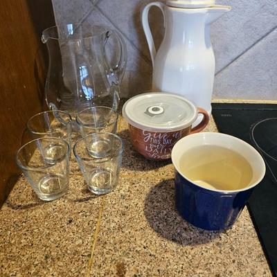 Glass drink pitcher - insulated coffee carafe - four small juice glasses and a covered mug