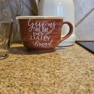 Glass drink pitcher - insulated coffee carafe - four small juice glasses and a covered mug