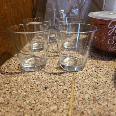 Glass drink pitcher - insulated coffee carafe - four small juice glasses and a covered mug