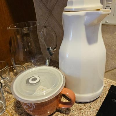 Glass drink pitcher - insulated coffee carafe - four small juice glasses and a covered mug