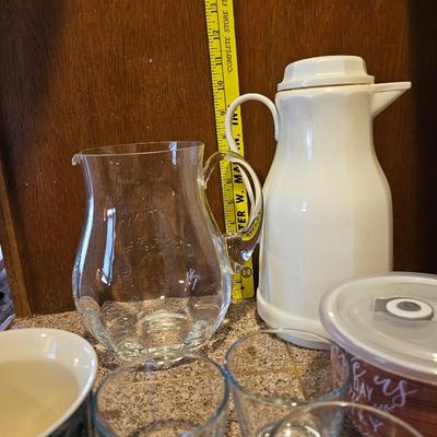 Glass drink pitcher - insulated coffee carafe - four small juice glasses and a covered mug