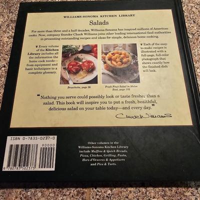 Salad spinner with salad cookbooks and small etched glass salad bowls