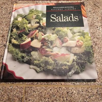 Salad spinner with salad cookbooks and small etched glass salad bowls