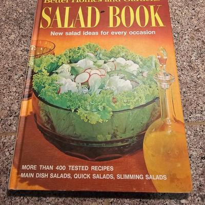 Salad spinner with salad cookbooks and small etched glass salad bowls