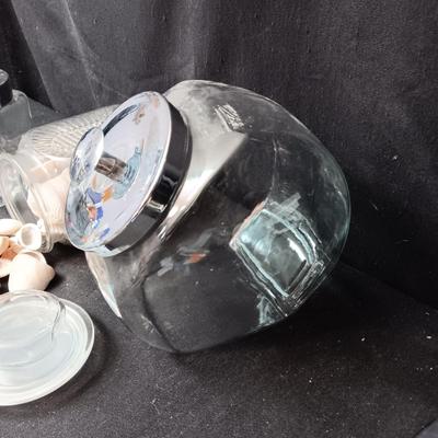 CANDY STORE CANISTER, JAR FULL OF SEASHELLS AND ANOTHER JAR W/LID