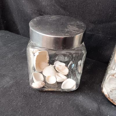 CANDY STORE CANISTER, JAR FULL OF SEASHELLS AND ANOTHER JAR W/LID