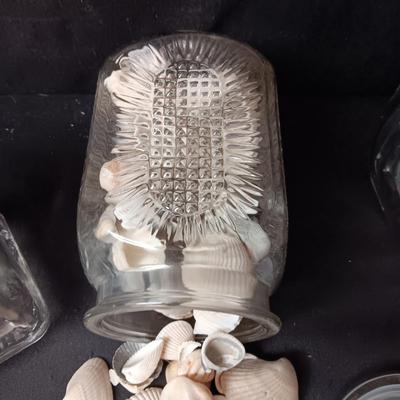 CANDY STORE CANISTER, JAR FULL OF SEASHELLS AND ANOTHER JAR W/LID