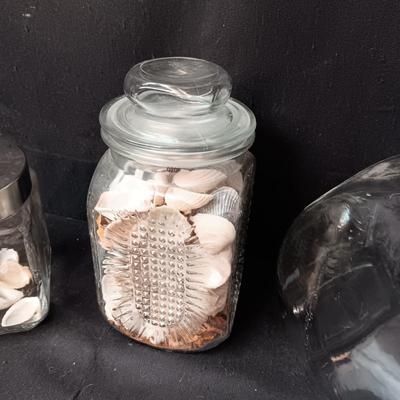 CANDY STORE CANISTER, JAR FULL OF SEASHELLS AND ANOTHER JAR W/LID