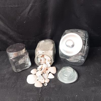 CANDY STORE CANISTER, JAR FULL OF SEASHELLS AND ANOTHER JAR W/LID