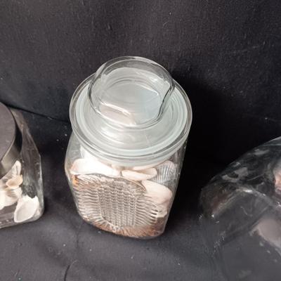 CANDY STORE CANISTER, JAR FULL OF SEASHELLS AND ANOTHER JAR W/LID