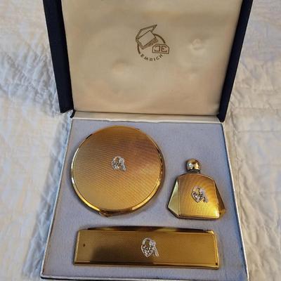 Vintage Emrich gold plated compact 3-piece set MINT New in box!!