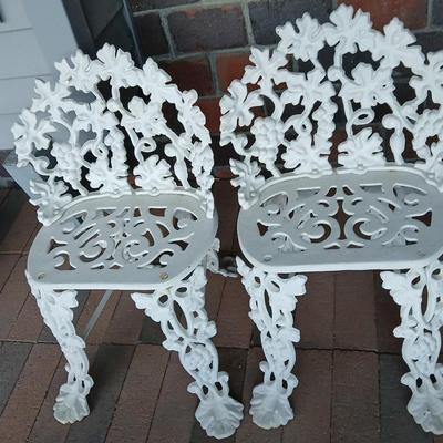 Two Vintage Cast Wrought Iron Victorian Grape & Vine Pattern Garden Patio Lawn Chairs