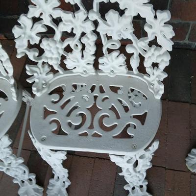 Two Vintage Cast Wrought Iron Victorian Grape & Vine Pattern Garden Patio Lawn Chairs