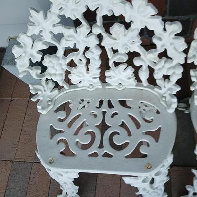 Two Vintage Cast Wrought Iron Victorian Grape & Vine Pattern Garden Patio Lawn Chairs