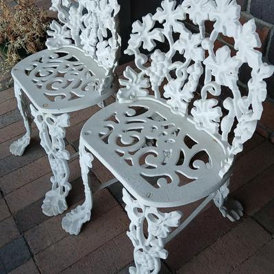 Two Vintage Cast Wrought Iron Victorian Grape & Vine Pattern Garden Patio Lawn Chairs