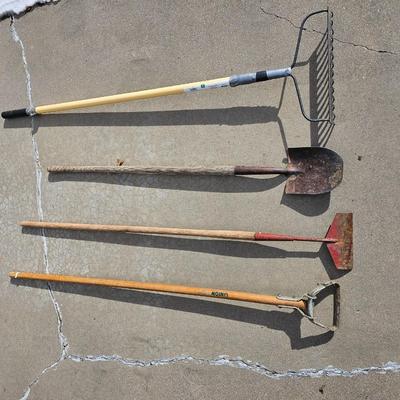 Get ready for yard work! Yard hand tools -- rake - hoe - shovel and weeder