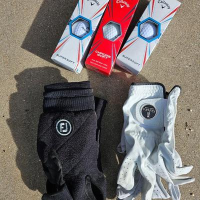Three new boxes of golf balls and two pair of lightly used gloves