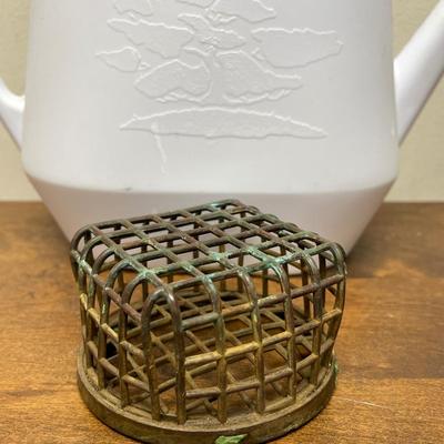 Metal Flower Frog Cage with white plastic watering can