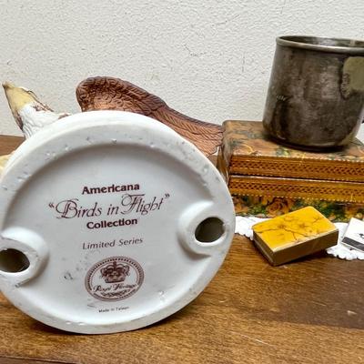 Random Misc Collector's Lot - Eagle Figurine, Silver-Plate Christening Cup, Wood Boat, Wood Trinket box, matches, etc