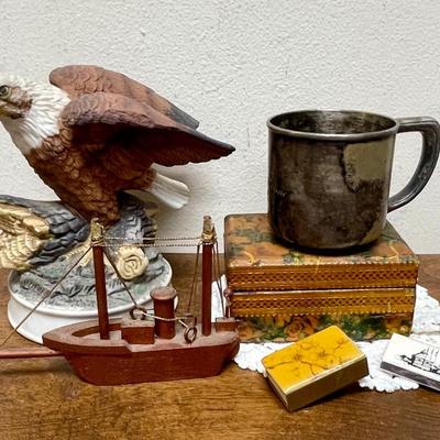 Random Misc Collector's Lot - Eagle Figurine, Silver-Plate Christening Cup, Wood Boat, Wood Trinket box, matches, etc
