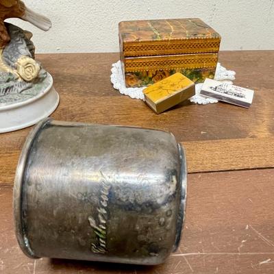 Random Misc Collector's Lot - Eagle Figurine, Silver-Plate Christening Cup, Wood Boat, Wood Trinket box, matches, etc