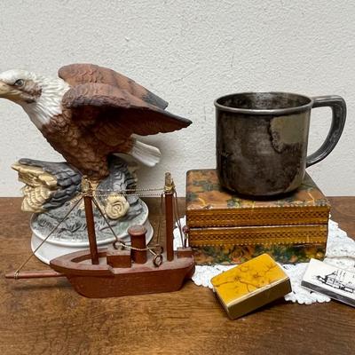 Random Misc Collector's Lot - Eagle Figurine, Silver-Plate Christening Cup, Wood Boat, Wood Trinket box, matches, etc