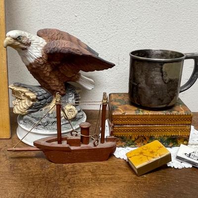 Random Misc Collector's Lot - Eagle Figurine, Silver-Plate Christening Cup, Wood Boat, Wood Trinket box, matches, etc