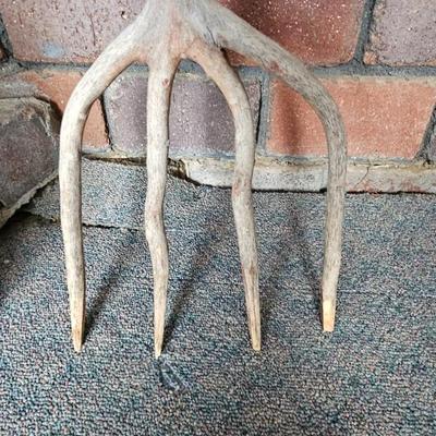 Hand carved one piece Wooden pitchfork UNIQUE! with two plant rooters