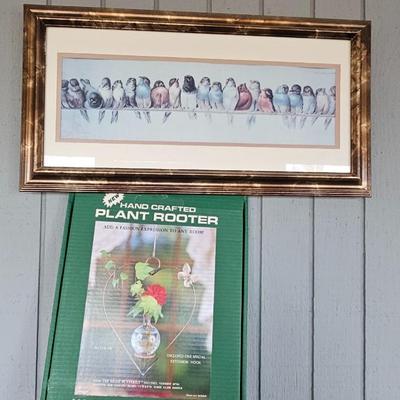 Framed bird wall art with Hand crafted plant rooter